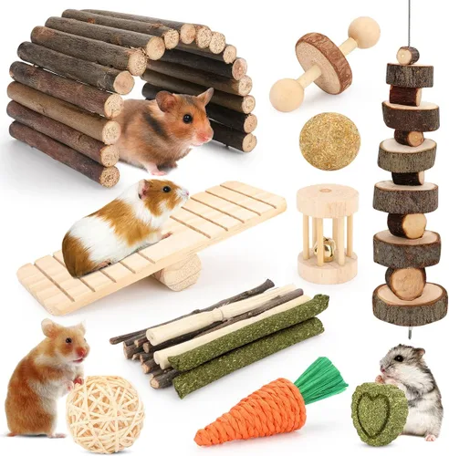 Accesorios para jaula de hámster YIXUND, 12 juguetes diferentes para masticar para conejillo de indias, chinchillas, jerbos, ratones, ratas, ratón,