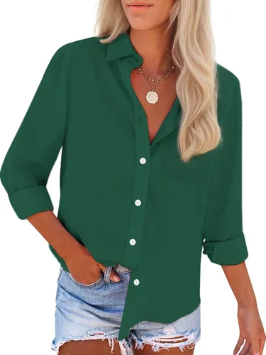 Miniatura 12 de Camisas de algodón con botones, para mujer, camisas de vestir Oxford, camisas de trabajo de manga larga, blusas con cuello y bolsillo