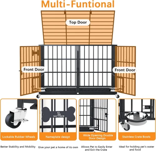 Miniatura 4 de aboxoo Jaula de metal resistente para perros de 42/48 pulgadas para 2 perros/perros grandes, toda de metal con parte superior abierta apilable, Negro