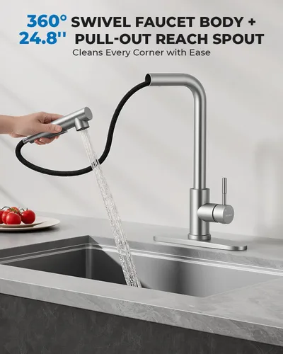 Miniatura 5 de WEWE Grifo de cocina de acero inoxidable de 14.5 pulgadas de alto con rociador extraíble, grifo de fregadero giratorio de 360° de níquel cepillado