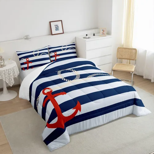Miniatura 7 de Manfei Juego de edredón con ancla náutica para niños tamaño Twin, juego de ropa de cama con cuerda de cáñamo de rayas azules y blancas para niños