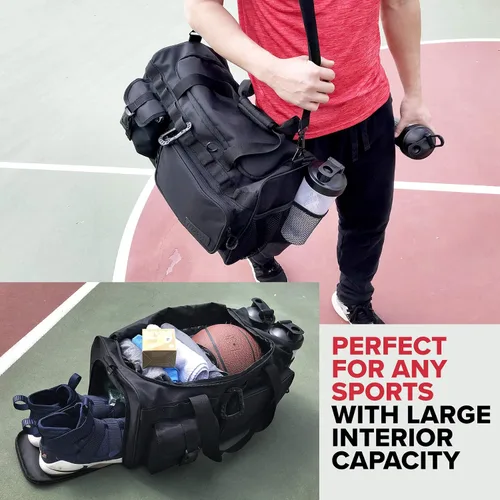 Miniatura 4 de Fitdom Bolsa de lona táctica negra de 20 pulgadas y 32 L con compartimento para zapatos. La mejor bolsa de entrenamiento para hombres y mujeres. La