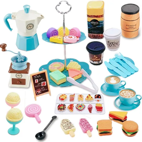 Juego de simulación de fiesta de té para niñas pequeñas, 48 piezas de juego de cafetera y juego de comida postre para niños de 3, 4, 5, 6, 7, 8, 9