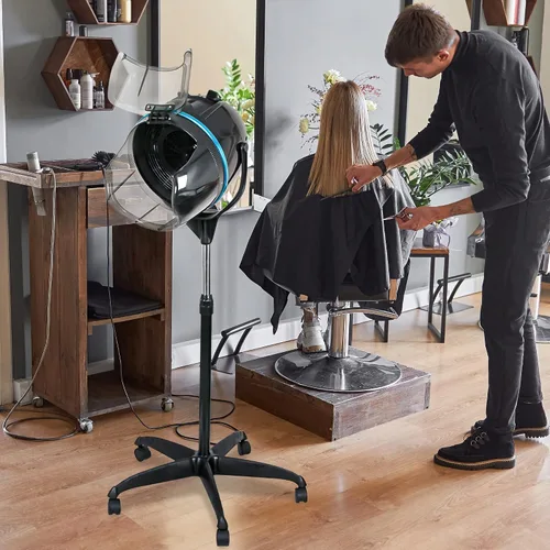 Miniatura 2 de Secador de pelo profesional de 1300W ajustable con capucha, de pie, base giratoria, con ruedas, para salón. Negro