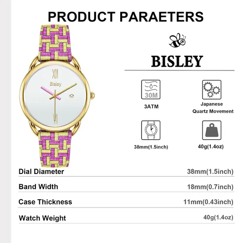 Miniatura 2 de Bisley Relojes de pulsera para mujer, correa de cuero, reloj analógico impermeable para mujer