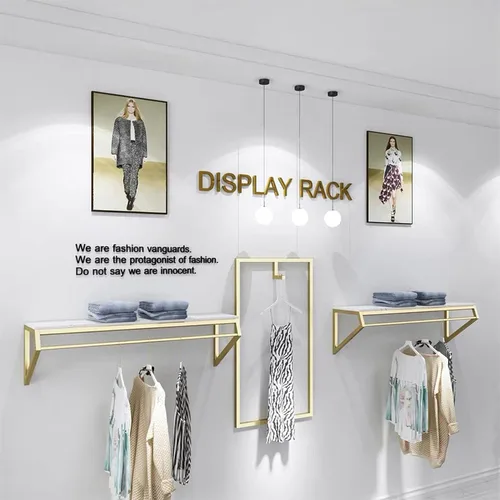 Miniatura 3 de Modern Simple - Estante de exhibición de metal resistente para hombres y mujeres, perchero de pared con madera, riel para ropa, toallero para colgar