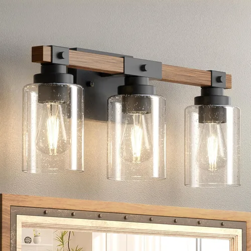 Amico Lámpara de tocador de granja de 3 luces, lámparas de baño de madera rústica, apliques de pared industriales vintage negros con pantalla de