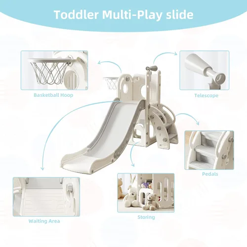 Miniatura 3 de Tobogán 6 en 1 para niños pequeños, parque infantil para interiores y exteriores, para niños de 1 a 3 años, tobogán para bebé con aro de baloncesto