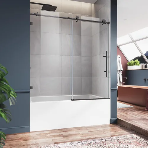 ELEGANT Puerta corredera sin marco para bañera de 60 pulgadas de ancho x 62 pulgadas de alto, puerta corrediza de vidrio para bañera con vidrio