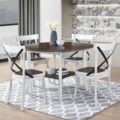 Miniatura 8 de Mesa de comedor redonda para 4-6 personas con estante de almacenamiento, base de madera maciza, diseño de dos tonos, mesa de cocina redonda ideal
