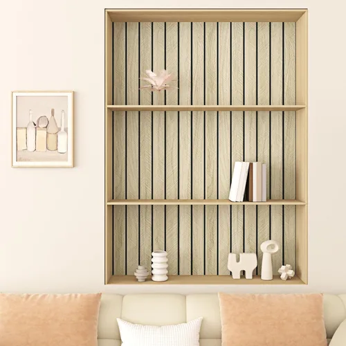 Miniatura 6 de Wallercity Paneles acústicos de listones de madera marrón claro para decoración elegante, reducción de ruido, paneles de grano de madera con textura