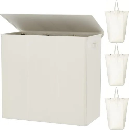 Miniatura 19 de WOWLIVE Cesta de lavandería de 100 litros con tapa, cesta plegable grande con 2 bolsas y asas extraíbles, cesta de ropa sucia plegable alta