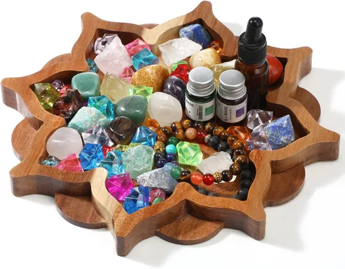 Miniatura 7 de Vesici Bandeja de cristal de loto para piedras, cristales y piedras curativas, bandeja de almacenamiento de cristal de madera con forma de loto
