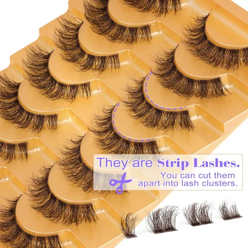 Miniatura 5 de Mavphnee Pestañas postizas marrones, ojo de gato, aspecto natural, extensión de pestañas rizadas D, banda transparente, pestañas marrones, pestañas