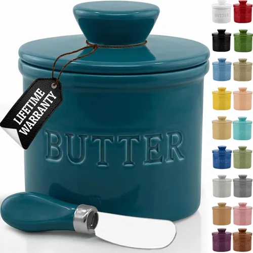 Miniatura 10 de PriorityChef - Mantequera con tapa con línea de agua, plato de mantequilla francesa de cerámica para dejar en la encimera, color caqui