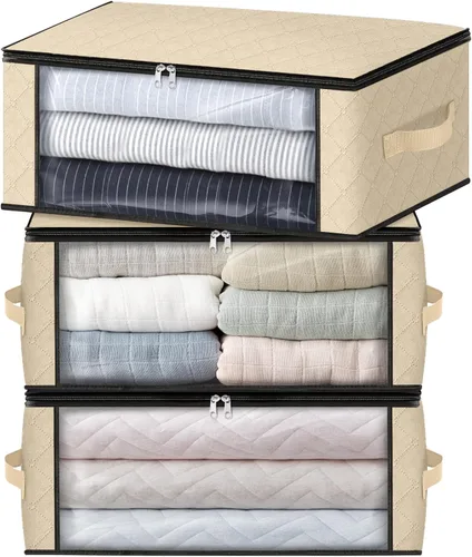 HomeHacks Paquete de 3 bolsas organizadoras de ropa, caja de almacenamiento plegable con gran ventana transparente y asas resistentes para armario,