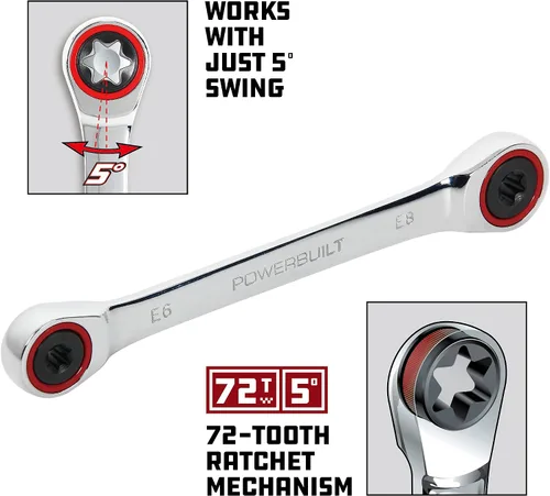 Miniatura 3 de Powerbuilt Llave E-Star E6/E8 de doble extremo de caja de trinquete, oscilación de 5 grados, 72 dientes, anillo de color rojo, herramienta de mano