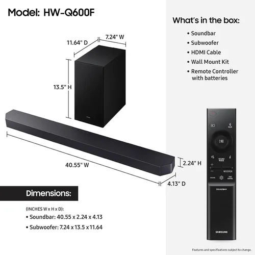 Miniatura 8 de Samsung Barra de sonido HW-Q600F Serie Q, barra de sonido de 3.1.2 canales con subwoofer, Dolby Atmos, DTS Virtual:X, Q-Symphony, sonido adaptativo