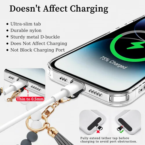 Miniatura 4 de Correa de muñeca de teléfono con cuentas de silicona, pulsera para teléfono con lengüeta de sujeción, pulsera manos libres para iPhone (negro)