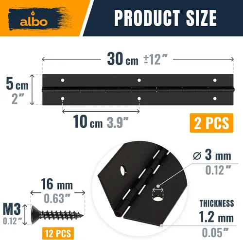 Miniatura 2 de Bisagra de piano negra resistente de 12 pulgadas de acero inoxidable continuo 304 (paquete de 2), bisagras de gabinete de montaje en superficie