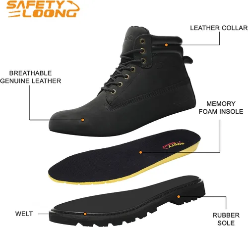 Miniatura 3 de Botas de trabajo para hombre, impermeables, con puntera suave, antideslizantes, cómodas, botas de trabajo de cuero Negro