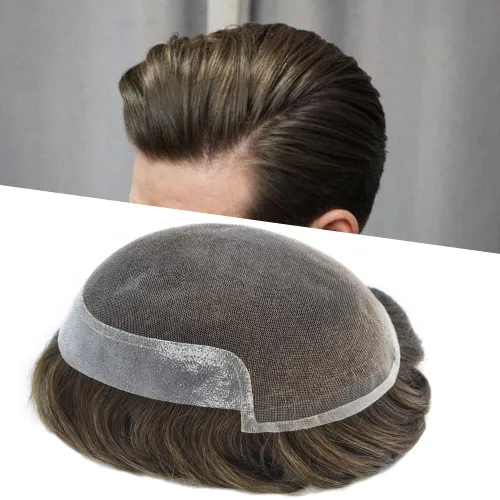 Miniatura 82 de Sistema de cabello para hombres, pieza de cabello humano real, tupé para hombres, encaje suizo para hombre, nudo blanqueado para hombre, tupé