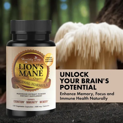 Miniatura 2 de Lions Mane - Cápsulas de cognición de hongos – 120 unidades Orgánico, sin gluten, suplemento de cerebro alfa para adultos Vitaminas cerebrales
