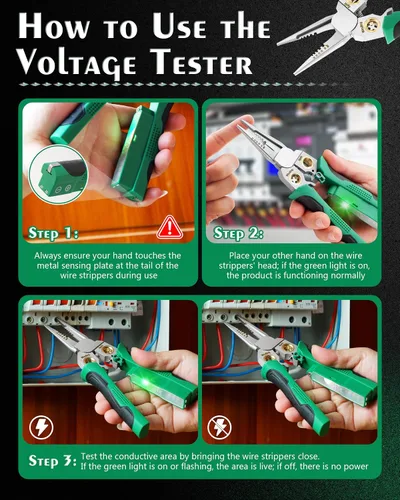 Miniatura 8 de Pelacables de 8 en 1, herramienta de pelado de cables con probador de voltaje, cortadores de cable con alicates, torsión, crimpadora, división