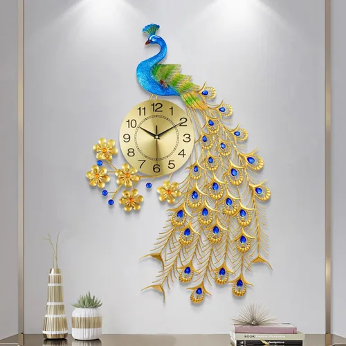Miniatura 9 de Reloj de pared grande de estilo lujoso, estilo pavo real, de 23.7 pulgadas, sin tictac, silencioso, de cristal acrílico, decoración moderna y Azul