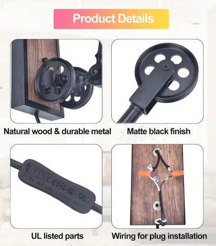 Miniatura 3 de Steampunk - Lámpara de pared industrial de polea enchufable, lámpara vintage de metal negro con interruptor, lámpara de pared retro con cable