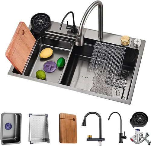 Miniatura 8 de Fregadero de cocina tipo cascada, fregadero de barra de acero inoxidable de un solo tazón negro, montaje inferior de la instalación de encimera
