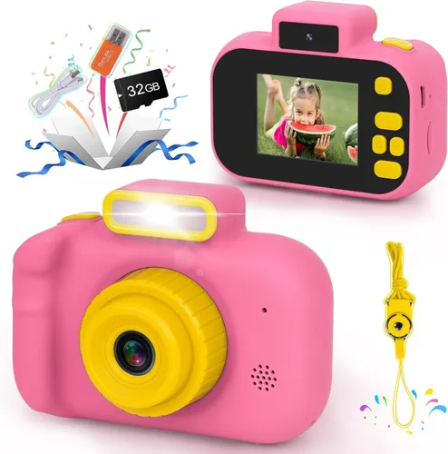 Cámara para niños, cámara digital rosa para selfie, juguetes de cumpleaños para niñas de 3 a 9 años, grabadora de video digital HD portátil para