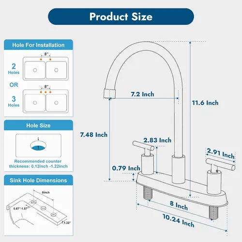 Miniatura 9 de Grifos de cocina, grifo de fregadero de cocina de arco alto con boquilla giratoria de 360°, 2 manijas, centro de 8 pulgadas, grifo de cocina RV