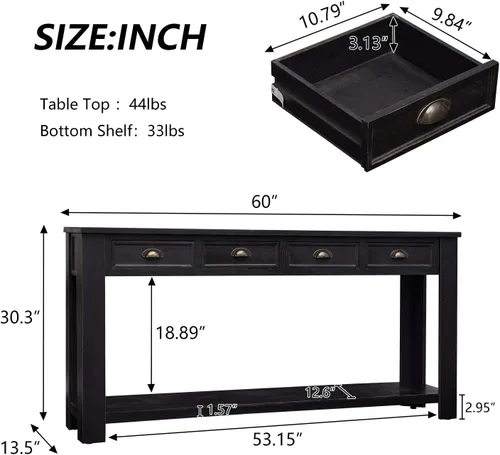 Miniatura 3 de kinbor Mesa consola larga para sofá, mesa de sofá de madera, mesas de entrada con 4 cajones y estante de almacenamiento para entrada, pasillo, sala