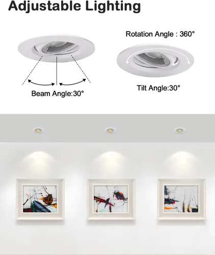 Miniatura 2 de ZYC Luces LED Empotradas Gimbal de 3 pulgadas - Paquete de 4 Luces de Techo Empotradas con Ribete Blanco, Luz LED Gimbal Sin Lata Tipo Ojo, 5