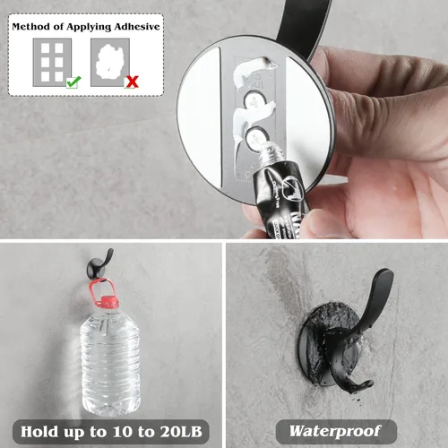 Miniatura 3 de Paquete de 2 ganchos adhesivos para toallas, color negro mate 304, ganchos para toallas de mano de acero inoxidable para baño, cocina, montaje