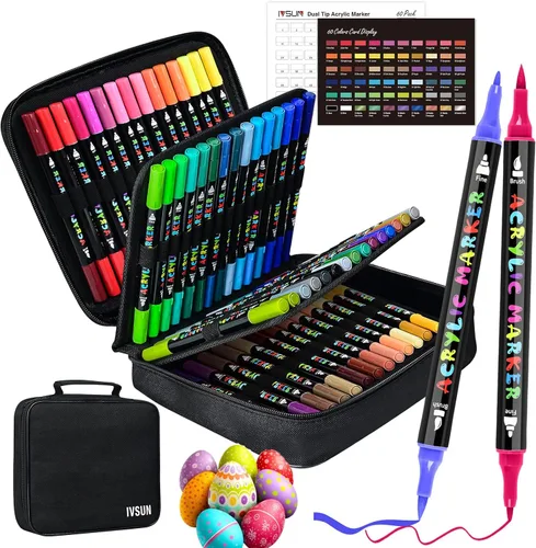 Miniatura 12 de IVSUN Bolígrafos de Pintura Acrílica, 100 Colores Marcadores de Pintura de Doble Punta con Punta Fina y Punta de Pincel para Piedra, Madera, Lienzo