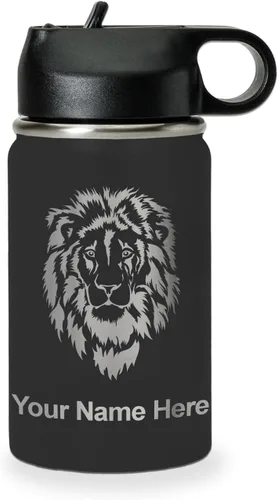 Miniatura 50 de LaserGram Botella de agua personalizada, cabeza de león, acero inoxidable de doble pared aislada al vacío con popote superior, regalo grabado