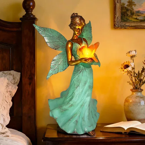Miniatura 3 de Decoración solar de estatua de jardín de hadas, figura de resina de ángel de 10 pulgadas, impermeable, decoración del hogar con luces LED de colibrí