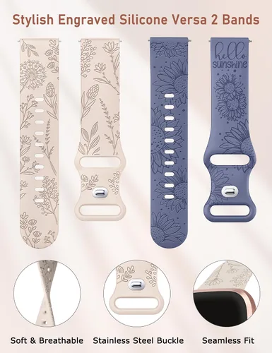 Miniatura 4 de Minyee Paquete de 2 correas con grabado floral compatibles con Fitbit Versa 2/Fitbit Versa/Versa Lite para mujeres, linda correa deportiva