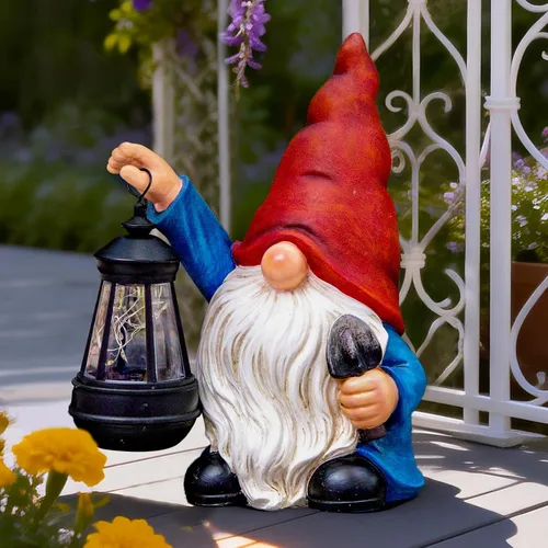 Miniatura 3 de Estatuas de gnomos de jardín para exteriores con pala, gnomo solar con farol, luces LED, decoración de terraza, Navidad, patio, césped, porche