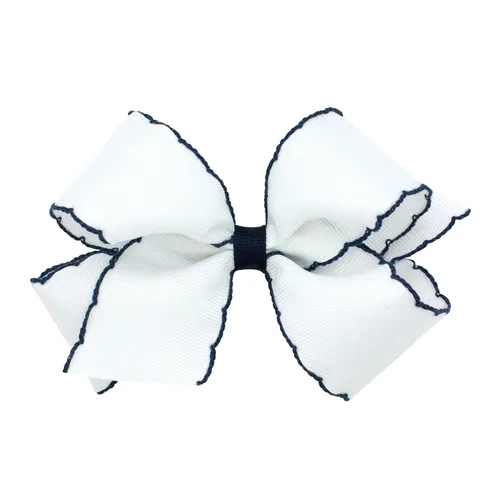 Miniatura 9 de Wee Ones - Lazo clásico de grogrén con borde de puntadas lunares para niñas, con clip para cabello WeeStay, borde en contraste, King, blanco