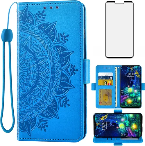 Asuwish Compatible con LG V50 ThinQ - Funda tipo cartera de vidrio templado, protector de pantalla para tarjeta de crédito, correa de muñeca con