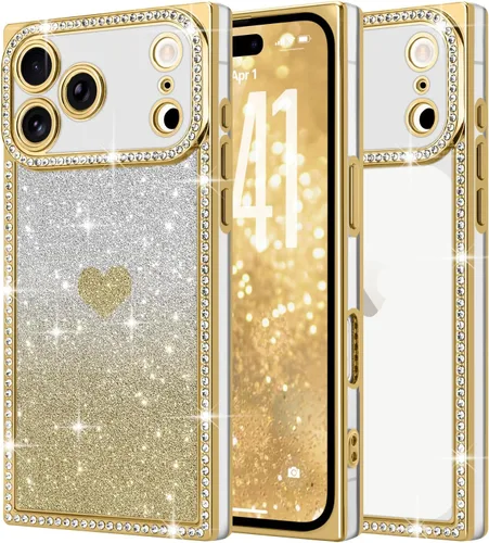Miniatura 37 de Funda para iPhone 13, funda de diamantes de imitación de lujo con patrón de corazón de amor de cristal [papel con purpurina extraíble], parachoques