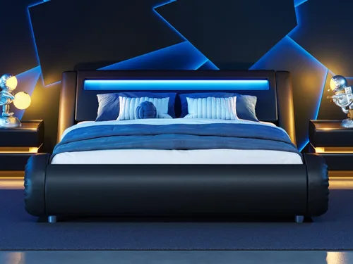 Miniatura 3 de WEEWAY Moderno marco de cama matrimonial con cabecera de luces LED RGBW, diseño de trineo tapizado de perfil bajo, soporte de listones de madera
