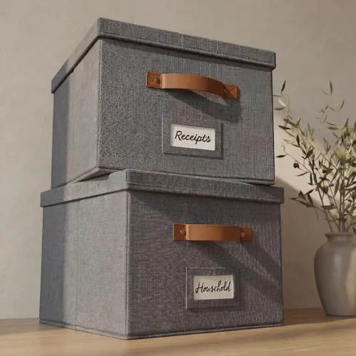 Miniatura 11 de Caja organizadora de archivos decorativa, juego de 2 – Archivadores plegables de lino con asas son perfectos para almacenar todos tus documentos