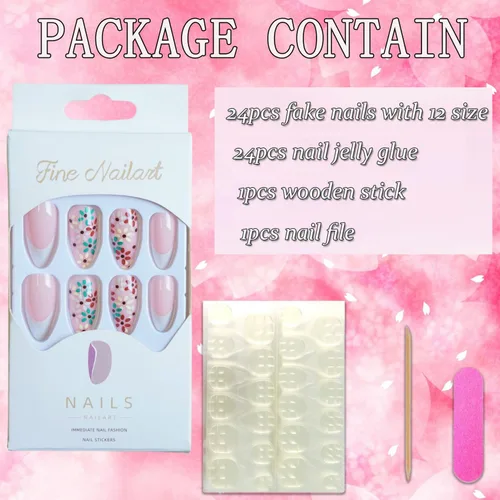 Miniatura 4 de Uñas postizas ovaladas a presión con puntas francesas, juego de uñas postizas cortas de flores artificiales, uñas postizas acrílicas con diseños