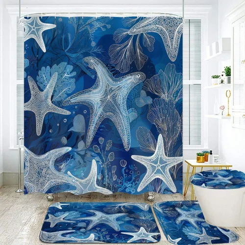 Miniatura 11 de LQCOOL Juego de cortinas de baño azules, 4 piezas de cortina de ducha geométrica de arte moderno con 12 ganchos, impermeable, opaca, 70.8 pies