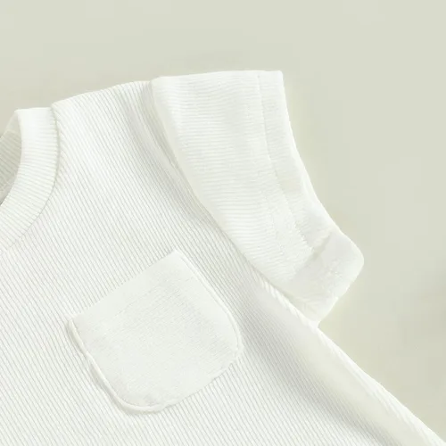 Miniatura 11 de KMBANGI Mameluco de manga corta con cuello redondo de punto acanalado de color sólido para bebé, niña y niño, traje de verano de una pieza