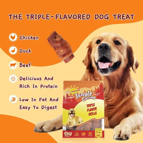 Miniatura 12 de Jungle Calling Rollos para Perros de Triple Sabor, Hechos con Carne Real de Pollo, Pato y Res, Snacks para Perros Sin Cuero Crudo, Saludables
